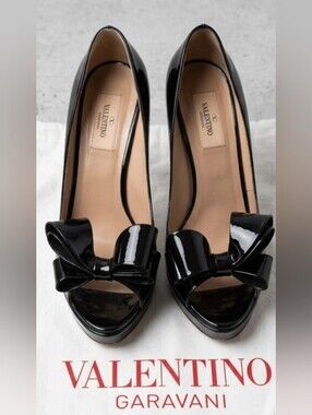 Valentino Garavani Black Patent Leather Bow Peep-Toe Pumps